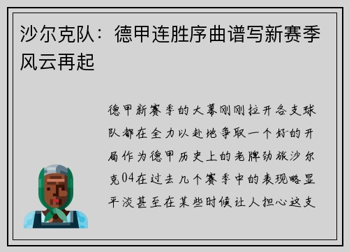 沙尔克队：德甲连胜序曲谱写新赛季风云再起