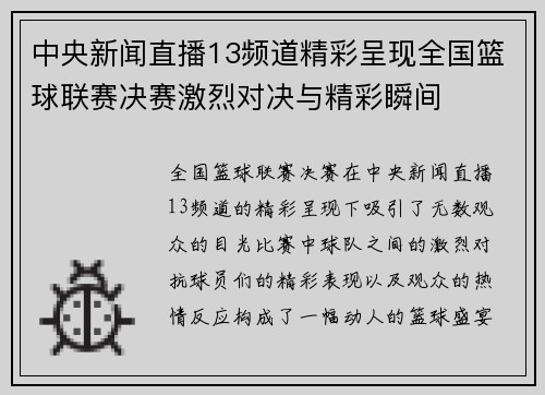 中央新闻直播13频道精彩呈现全国篮球联赛决赛激烈对决与精彩瞬间