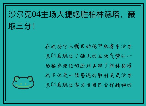 沙尔克04主场大捷绝胜柏林赫塔，豪取三分！